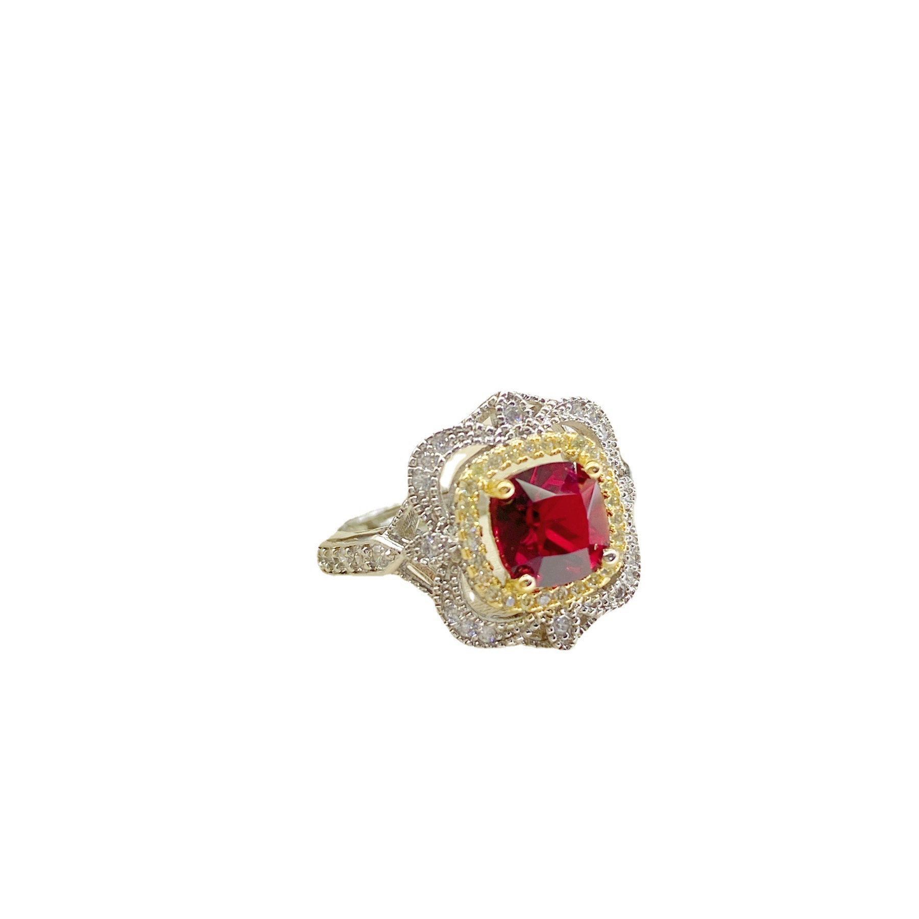 Italian woven pattern carved gold brushed iris natural Mozambique unheated pigeon blood ruby ring female_voghion.com