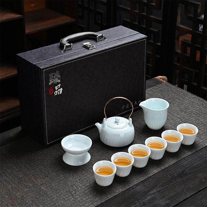 ギフト工夫茶器セット卸売り家庭用ロゴ蓋碗提梁壺開業徳化陶磁器茶器セット|undefined