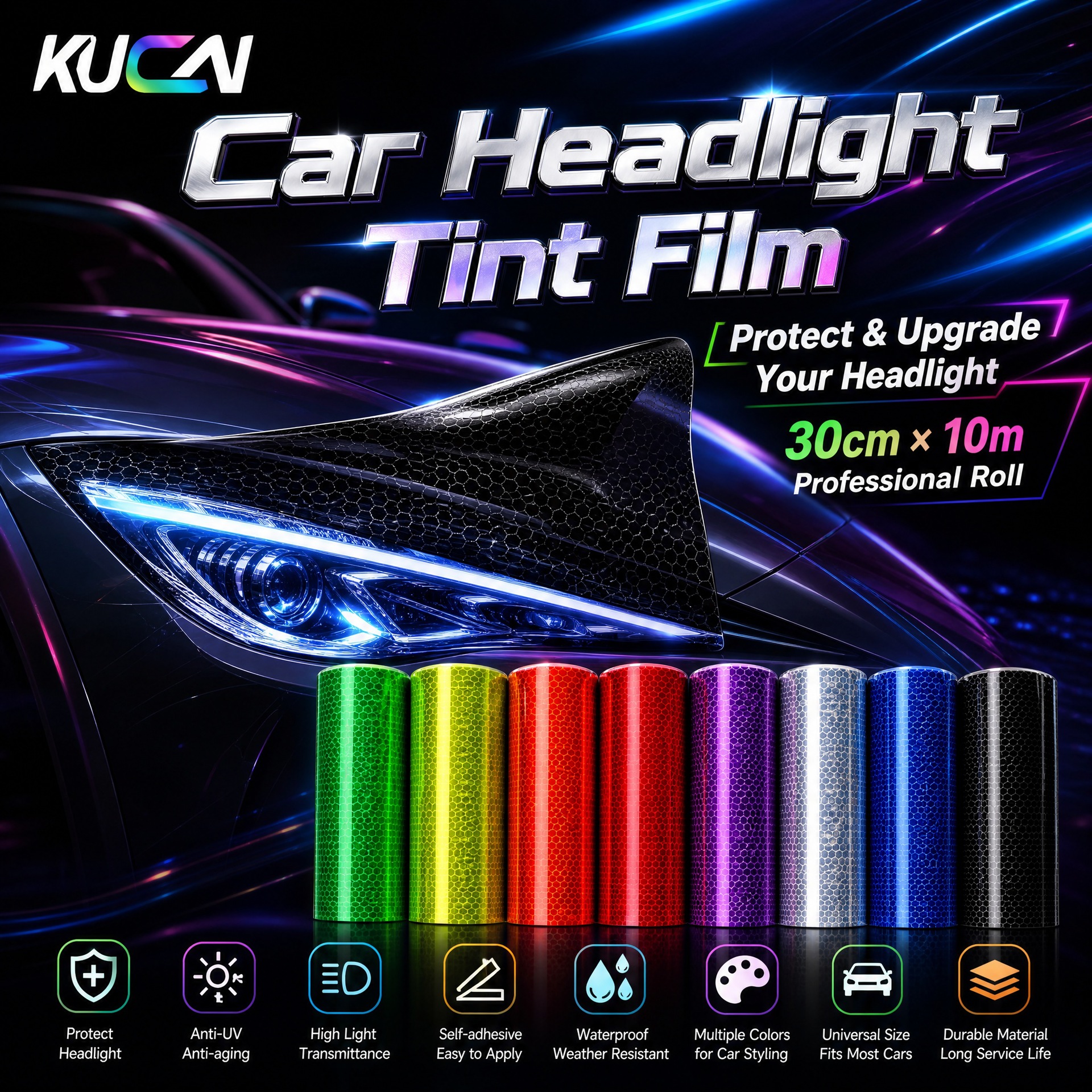 Car headlight film, PVC headlight film, honeycomb laser carbon fiber film, TPH taillight film, available in black, white, yellow, and gray
