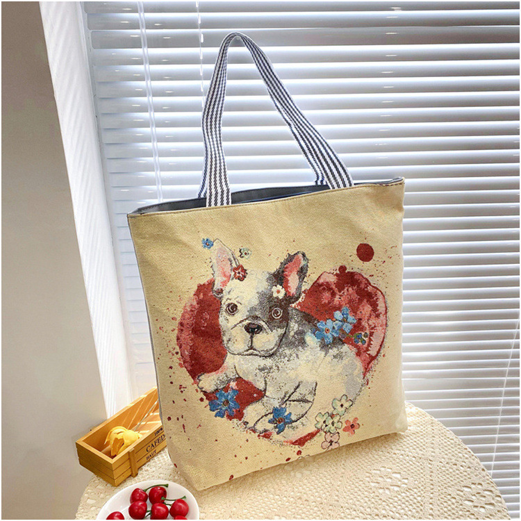 189g Weight Polyester Lining Material Zipper Closure Type Double Shoulder Straps Strap Type Tote Bag Bags Type Casual, Daily Occasion Linen Material Animal Pattern All Seasons Season Women's Gender Cute Style Square Shape Women's Linen Animal Cute Square Zipper Tote Bag 3