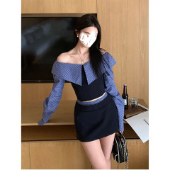 小众复古撞色条纹拼接长袖上衣衬衫女2025新款高腰半身裙短裙套装