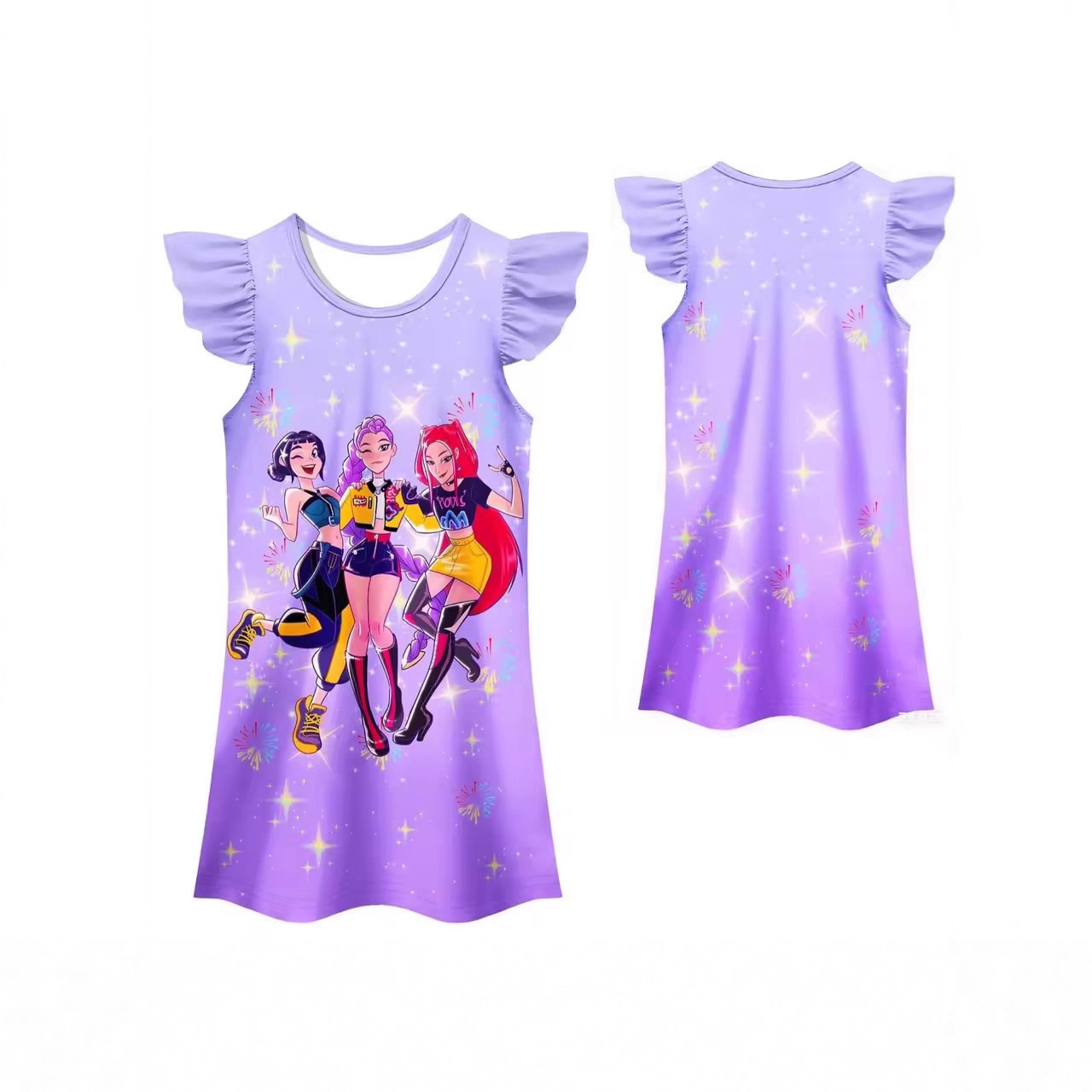 Cross-Border New K-Pop: Hunter Witch Group Printed Girls' Flying Sleeve Milk Silk Dress