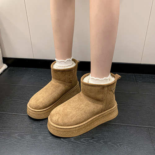 Women's Thick-Heeled Short Snow Boots 2025 Winter Warm Fleece Lined Leather-Fur Integrated Snow Boots Slipper Boot