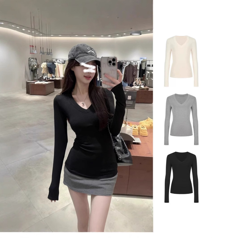 Autumn and Winter New V-neck Inner T-shirt Women's Long-sleeved Base Shirt Slim-fit Slimming Tight Waist Super Figure Top