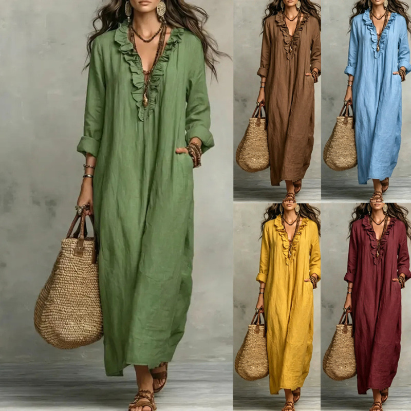 European and American Independent Site Amazon 2026 Autumn New Bohemian Long-Sleeve Lace Collar Floor-Length Dress European and American Independent Site Amazon 2026 Autumn New Bohemian Long-Sleeve Lace Collar Floor-Length Dress