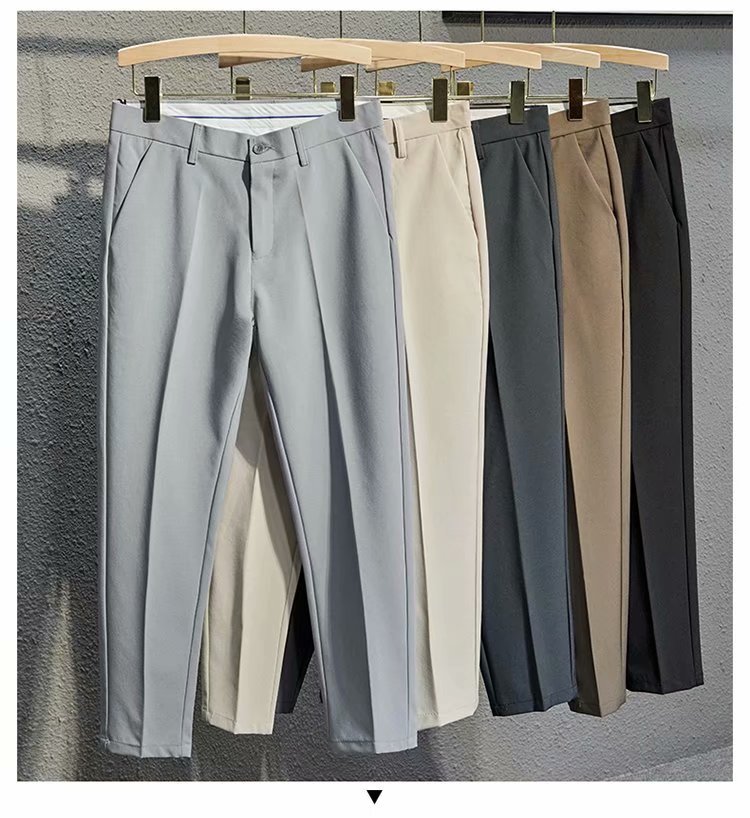 Ropa de hombre Pantalones de traje de nueve puntos ajustados y atractivos de gran tamaño para niños, pantalones rectos de estilo coreano elásticos marrones informales de primavera y otoño_voghion.com