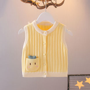 Children's Knitted Vest Outer Wear Cute Western Style Sleeveless Cardigan Jacket Baby Spring and Autumn New Sweater Vest