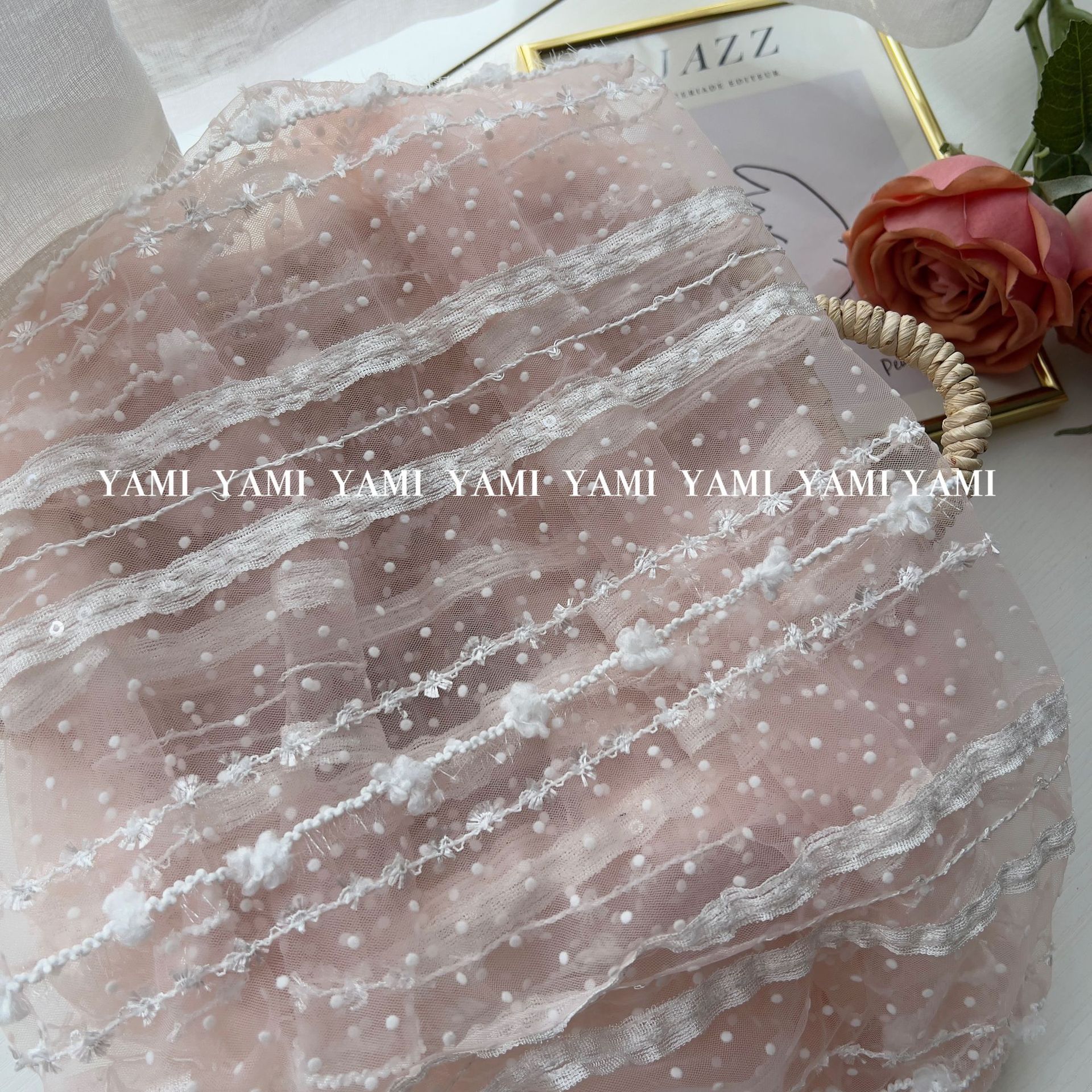 Bordado de rayas pastel falda tela de malla gaza flocado punto gancho flor bordado vestido de boda tela Lolita