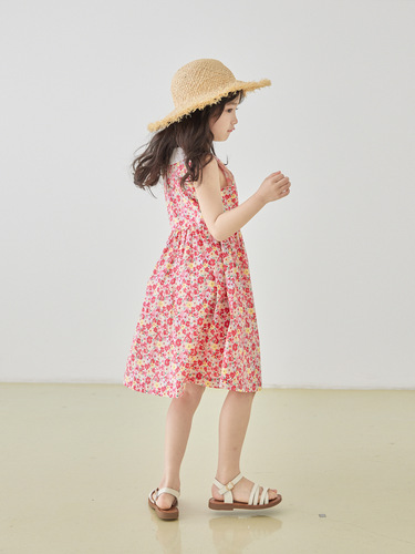 Ladies' Spring and Summer New Red Floral Print Blouse Dress, Pure Cotton Sleeveless Collar Sweet Princess Dress