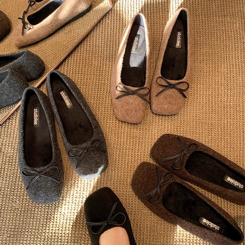 Grape Mom otoño e invierno nueva moda lazo lana terciopelo cálido boca baja ballet zapatos planos mujeres