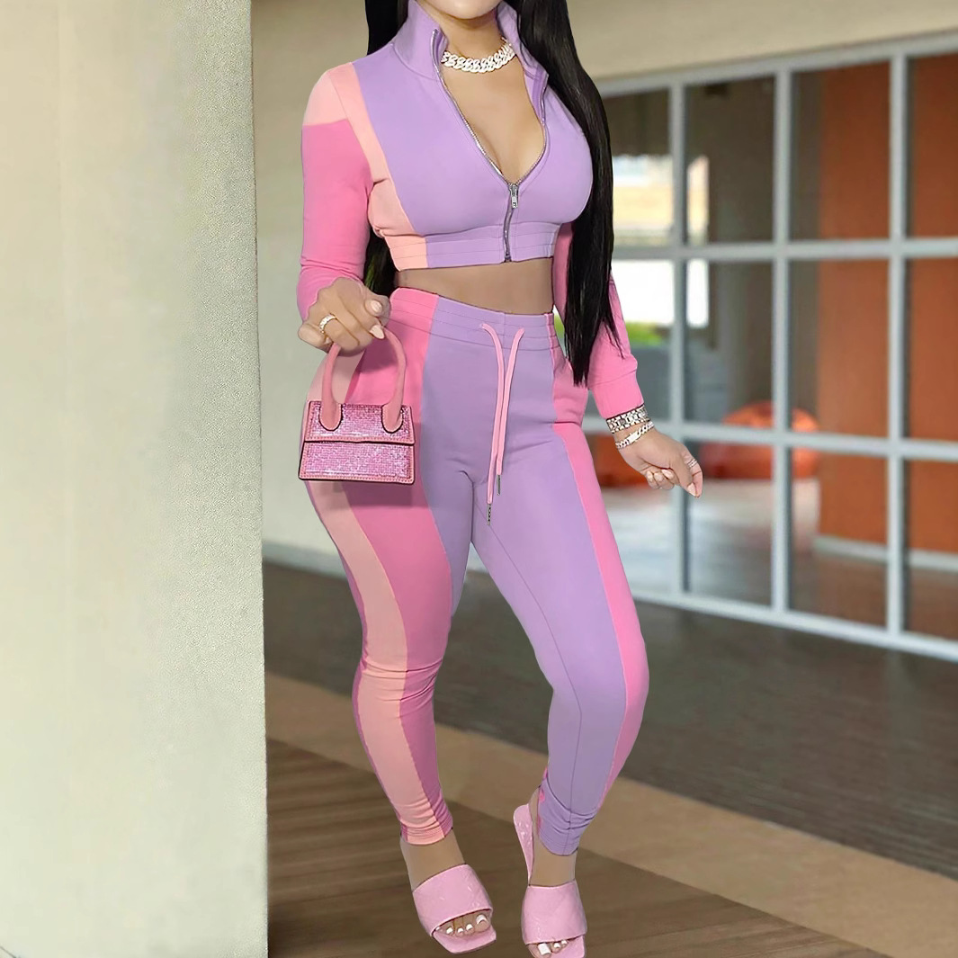 Women's Color Block Two Piece Set Casual Spring Autumn Jacket & Trousers Stylish Clothing Regular Fit Summer Wear_ecoleips.com