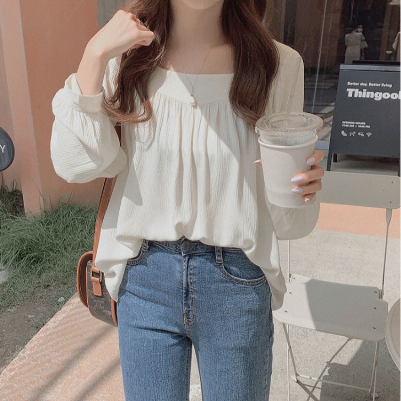느슨한 연령 감소 스퀘어 칼라 긴팔 셔츠 여성용 2022 새로운 스타일 우아한 프랑스 스타일 쇄골 틈새 쉬폰 셔츠 탑