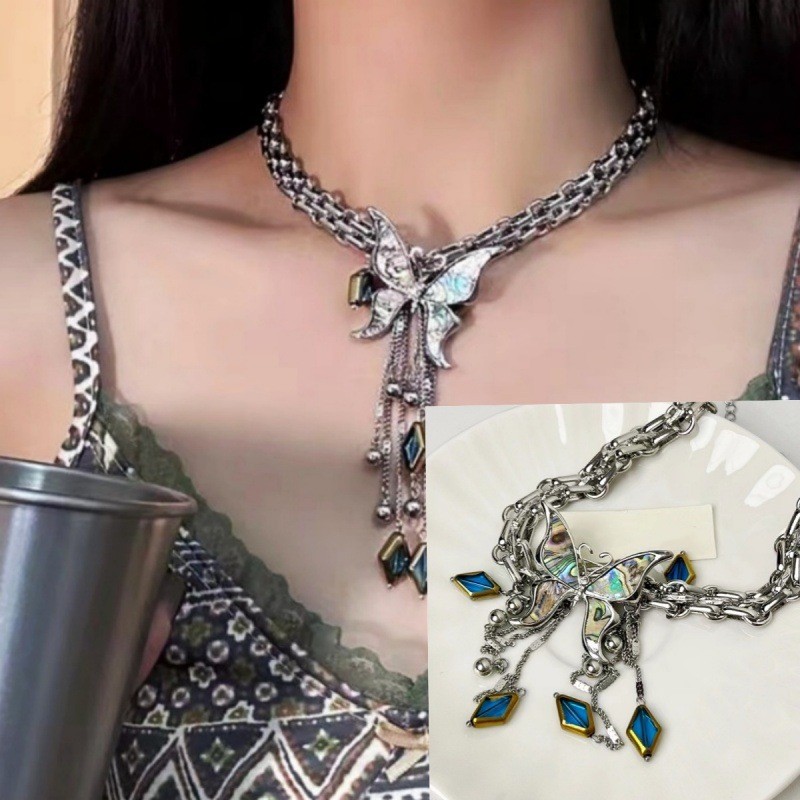 Sweet Cool Fashion Heavy Craft Mother-of-Pearl Butterfly Tassel Necklace Minimalist Style Niche Design Sense Choker_voghion.com