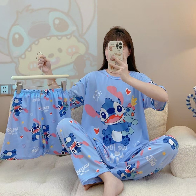 Pijamas de verano transfronterizos pijamas de leche de seda de tres piezas set de dibujos animados comercio exterior ropa para el hogar pantalones de mangas cortas lindos
