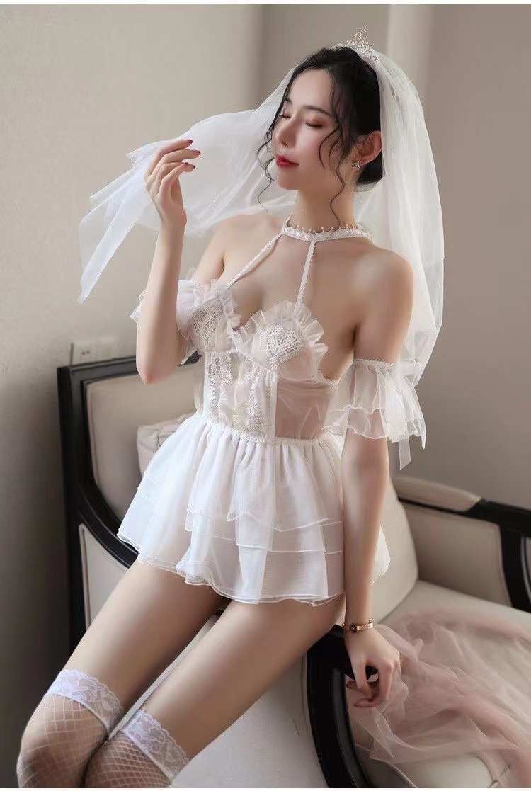 Bridal Lace Babydoll Lingerie Set, Sheer Mesh Wedding Roleplay Pajamas, Black — detail image 17