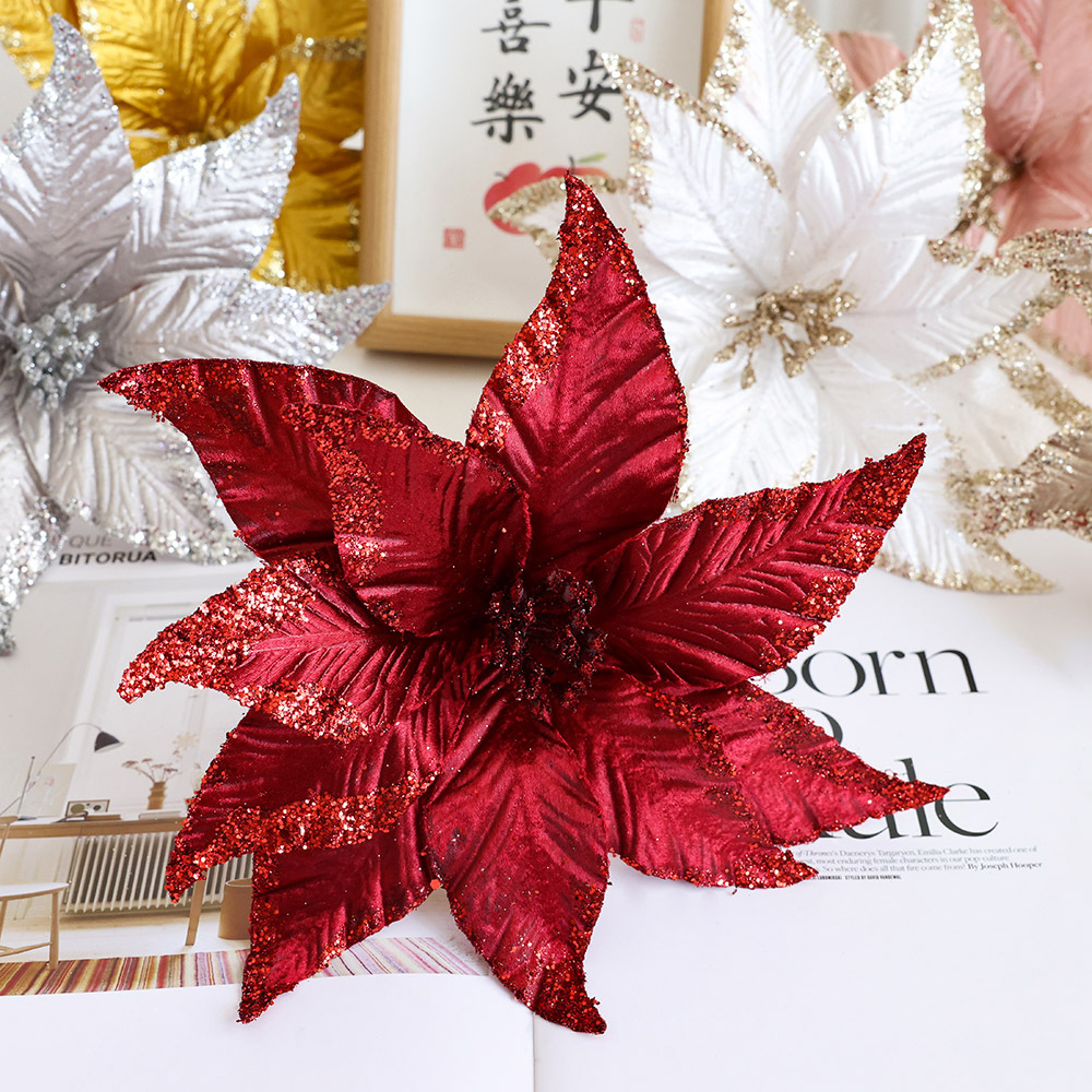 Flores y hojas artificiales con brillo para árbol o arreglos navideños, decoración elegante