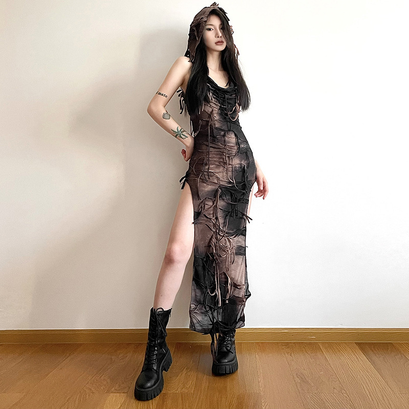 2026 Cross-Border European and American Style Summer New Women's Fashion Solid Color Slim Fit Street Fashion U-Neck Sleeveless Slit Dress