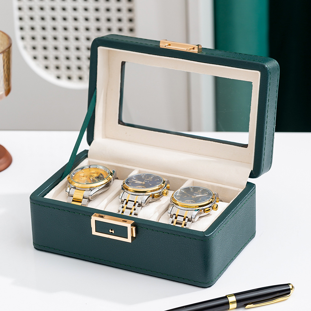 Caja de reloj de gama alta con patrón de lichi nuevo negro y verde 3 dígitos 6 dígitos 12 dígitos reloj de doble capa caja de almacenamiento de joyas