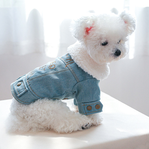 Pet clothes autumn and winter new products plus velvet thickened denim cotton coat dog and cat clothing half body warm cotton coat