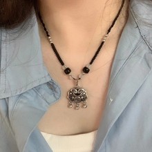 新小众清冷感中国风手工编织蓝黑绳平安锁项链百搭高级感锁骨链女