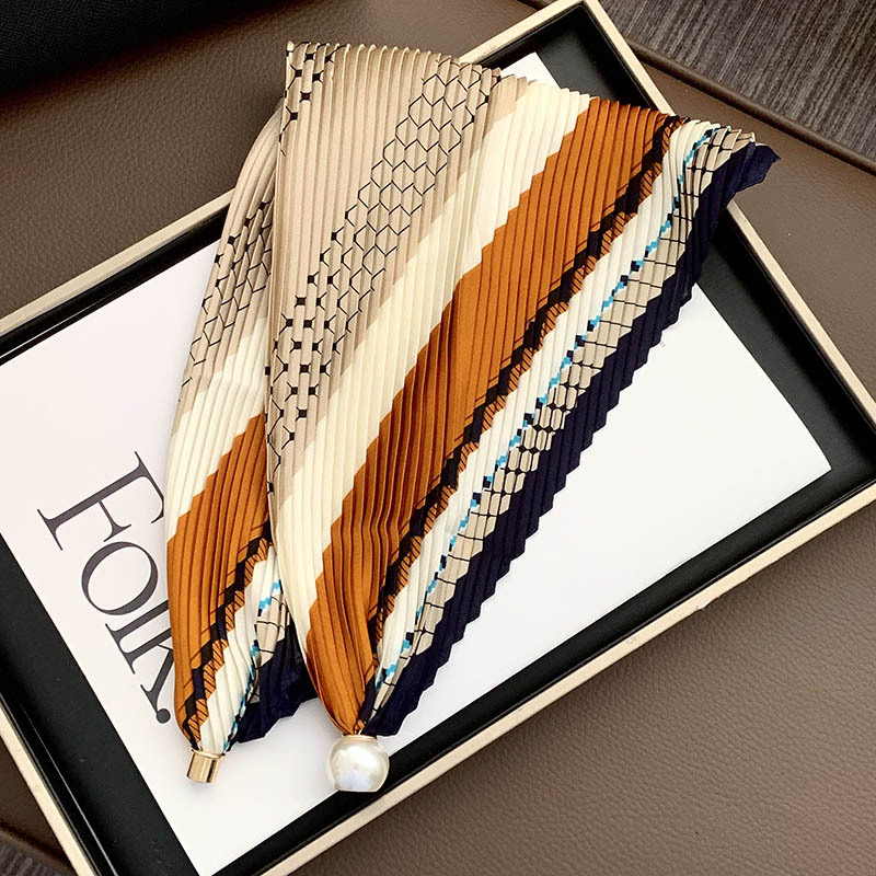 Hebilla de succión magnética collar de perlas bufanda de seda larga y estrecha bufanda de cuello femenino con camisa bufanda fina bufanda de seda plisada bufanda