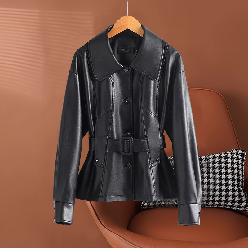 2026 Spring and Autumn New Haining Short Leather Jacket for Women, Slim Fit Biker Style with Turn-Down Collar, Plus Size Leather Coat