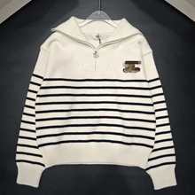 2025秋冬S林新款韩版半拉链条纹套头毛衣女宽松短款慵懒风百搭针