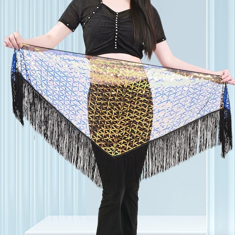 Шарф с цепочкой на талии для танца живота, женский треугольный шарф с кисточками для выступления на сцене, шарф с блестками для ночного клуба Amazon, танцевальный шарф для выступления на вечеринке