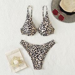 2024新款豹紋鋼托小胸聚攏比基尼泳衣亞馬遜性感三角沙灘分體泳裝