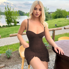 欧美风2025夏季跨境女装性感蕾丝拼接吊带短裙修身包臀连衣裙批发