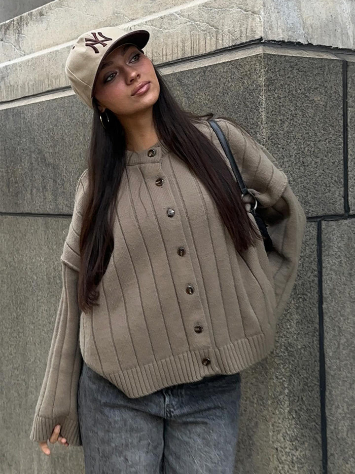Áo cardigan len dệt kim cổ tròn dáng rộng tay dài nữ — màu vàng, màu xám nhạt chi tiết 24