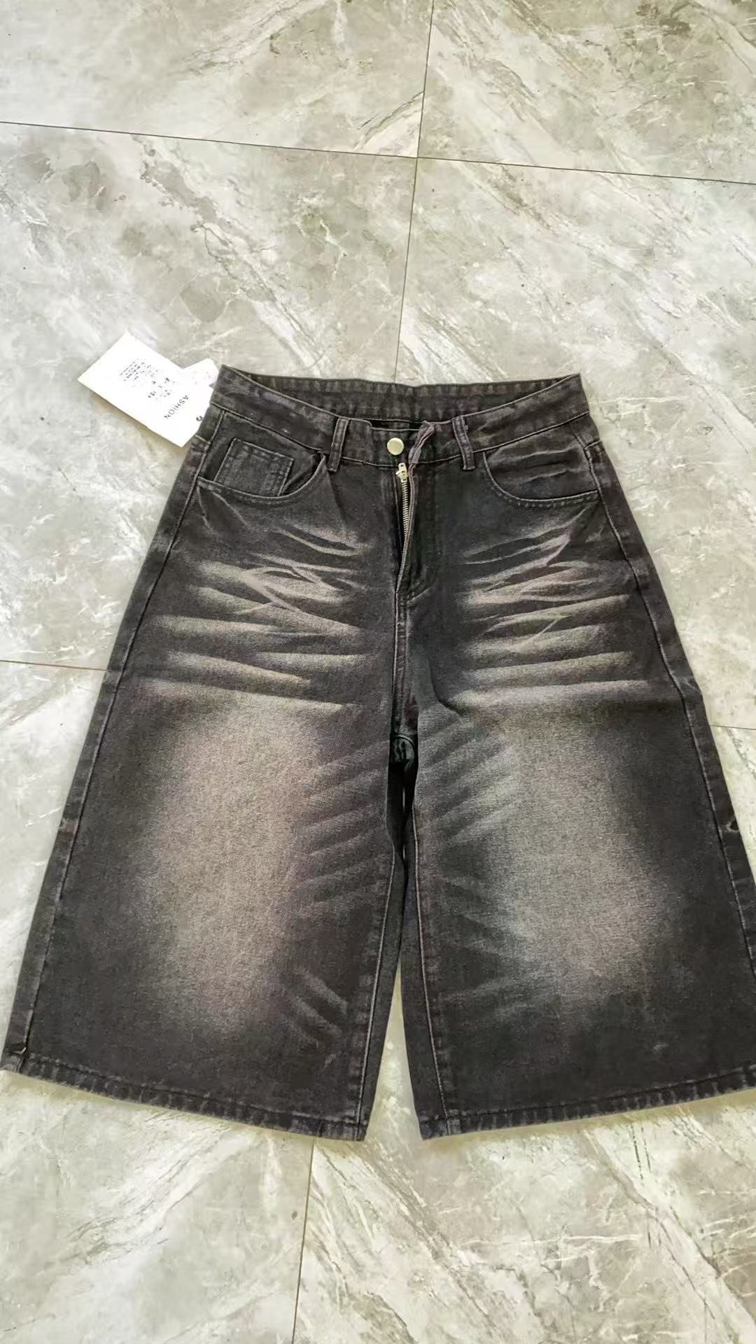High Street Distressed Denim Shorts Men's & Women's Washed Wide-Leg Cargo Pants Cat Whisker Details_mkmklike.com