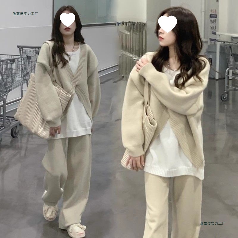 孕妇装春秋款时尚宽松针织打底上衣假两件毛衣孕妈妈秋装两件套装