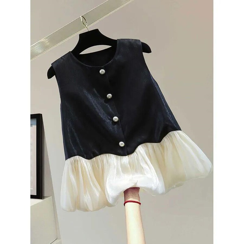 Ruffled Patchwork Round-Neck Sleeveless Shirt, New Summer Slim-Fit Color-Block Sequin Casual Vest, Trendy Black