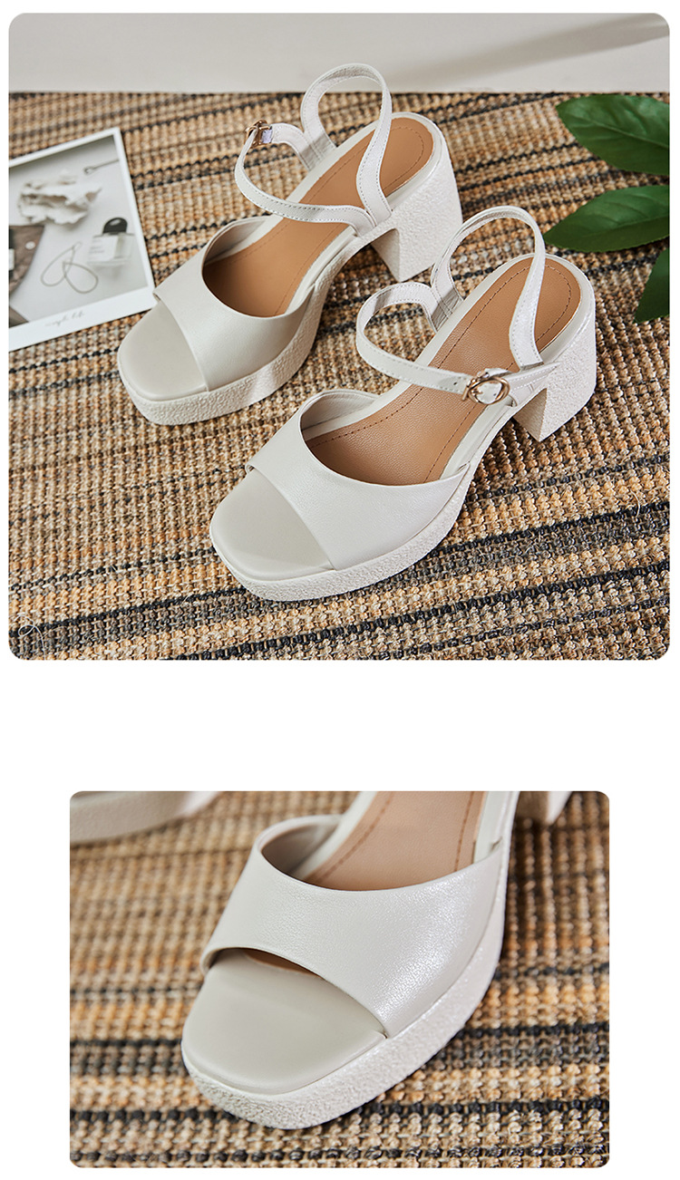 Sandal cao gót nữ quai ngang da thật đế dày chống thấm — Màu đen chi tiết 28