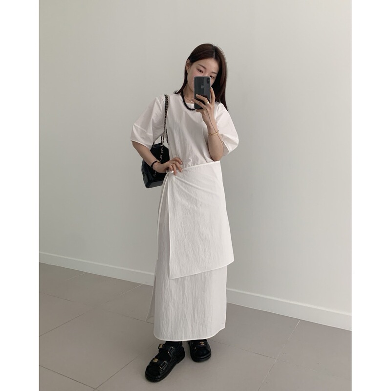 in stock Size Updated South Korea Chic French Crewneck Lace-up Waist Apron dress Women