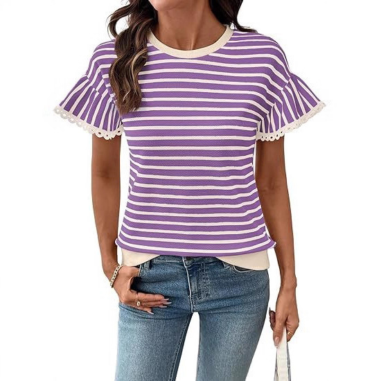 2026 European and American Cross-Border Women's Summer Pullover Lace Top Fashionable Ribbed Knit Striped Shirt