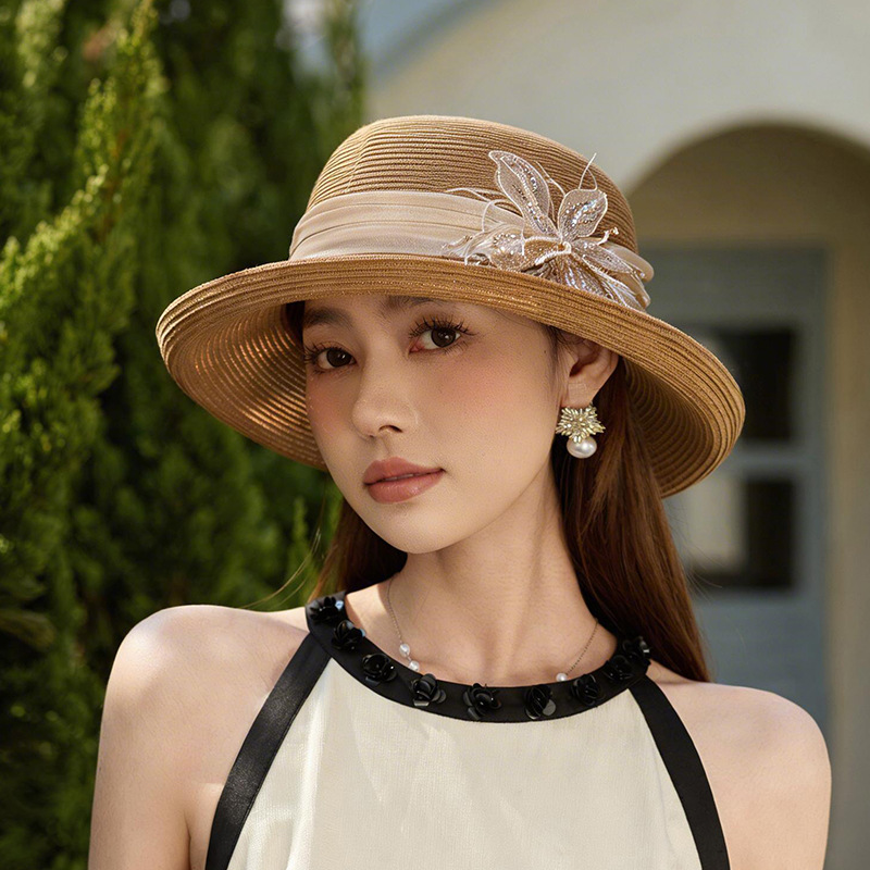 French Luxury Rolled-Edge Bucket Hat For Women, Summer Sun Protection Straw Hat, Elegant Beach Vacation Sun Hat Wholesale