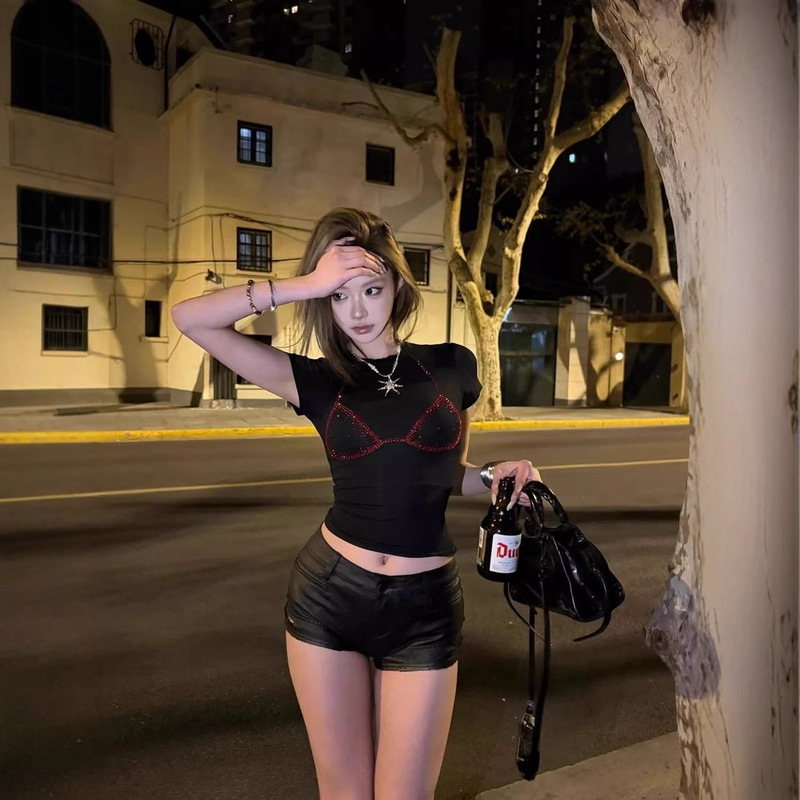 [210g 40 Count Pure Cotton] Hot Diamond Right Shoulder Short-Sleeved T-Shirt Women's New Slim Short Sexy American Top Summer