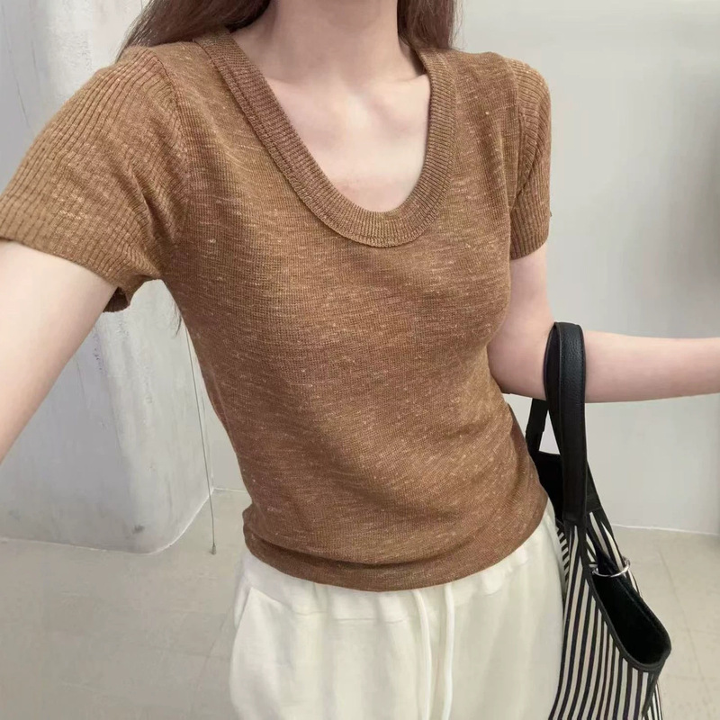 This Year's Super Popular Korean-Style U-Neck Short-Sleeved Knitwear for Women with Unique and Beautiful Linen Design, New Summer Tops