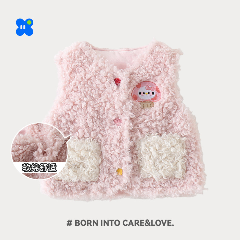 儿童马甲春秋韩版宝宝坎肩中小童女兔子马甲加厚双层背心毛绒绒