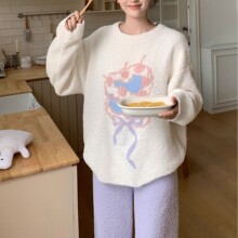 日系可爱卡通宽松睡衣女冬季半边绒加厚毛绒长袖家居服两件套