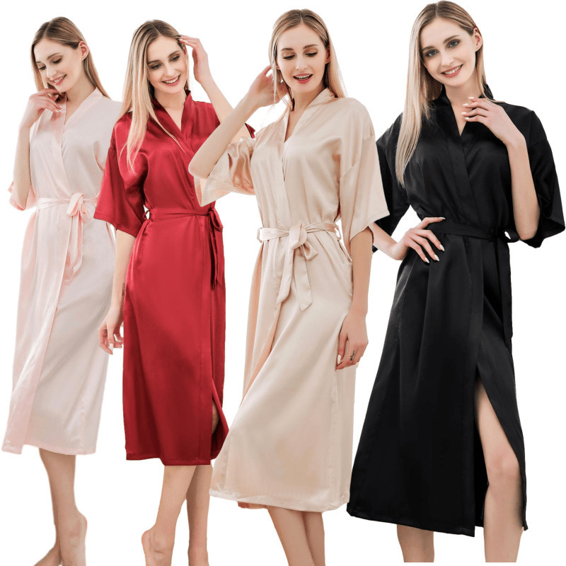 European and American Style Long Faux Silk Nightgown for Women, Bridal Morning Robe, Sexy Ladies' Cardigan Kimono Robe, Thin Satin Bathrobe