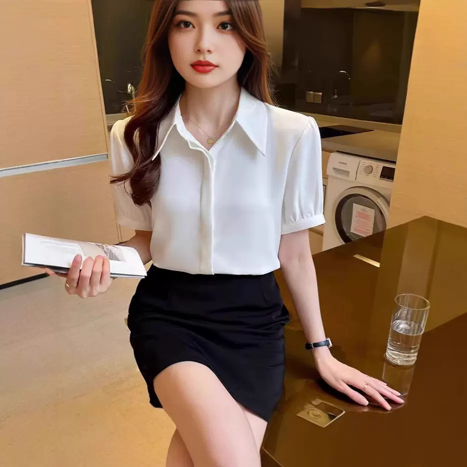 夏季灯笼袖暗扣大码职业装高档柔顺短袖简约通勤百搭纯色雪纺衬衫