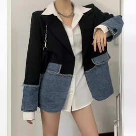 东大门女装高货时尚设计感撞色牛仔拼接外套女新款休闲西装