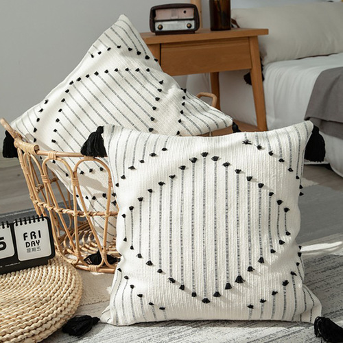 Single-sided cotton thread-cut four-corner tassel pillowcase without pillow core, home sofa lumbar support, office lumbar pillow cushion cover