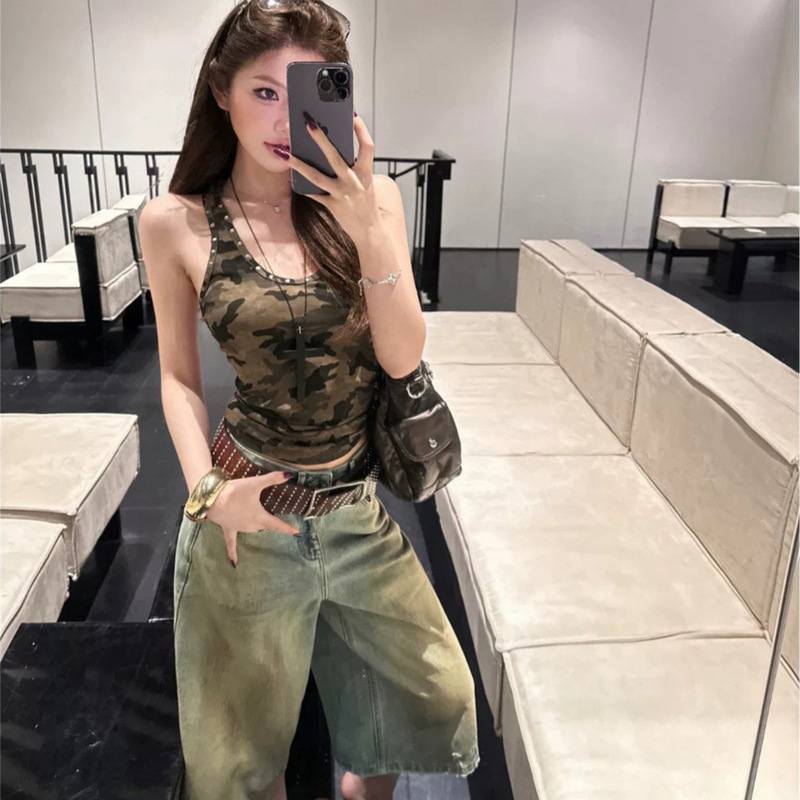 Camouflage Camisole with Steel Nail Trim, Women's Summer New Slim-Fit Flattering Outerwear, Sweet and Cool Unique Trendy Top