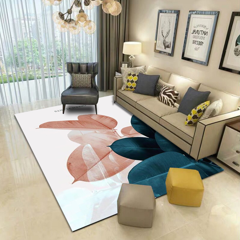 Wholesale living room sofa, coffee table, and rug—scenic landscape paintings, living room carpets, and home-use rugs that extend all the way to the bed edges in the bedroom.