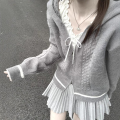 灰色连帽针织衫上衣女2025秋新款双拉链慵懒软糯外搭毛衣开衫外套