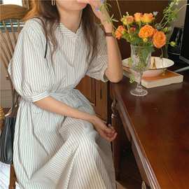 韩版法式chic细条纹气质收腰短袖连衣裙女夏季新款中长款衬衫裙子